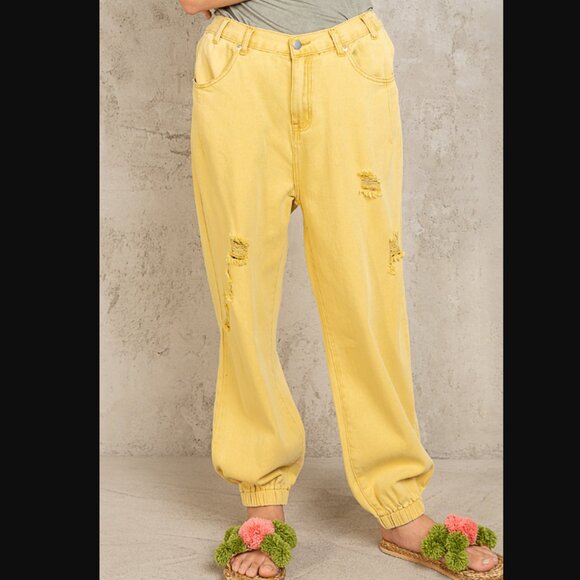 P388 POL *LAST PAIR* Honey Yellow Distressed Denim Joggers - Picture 2 of 5